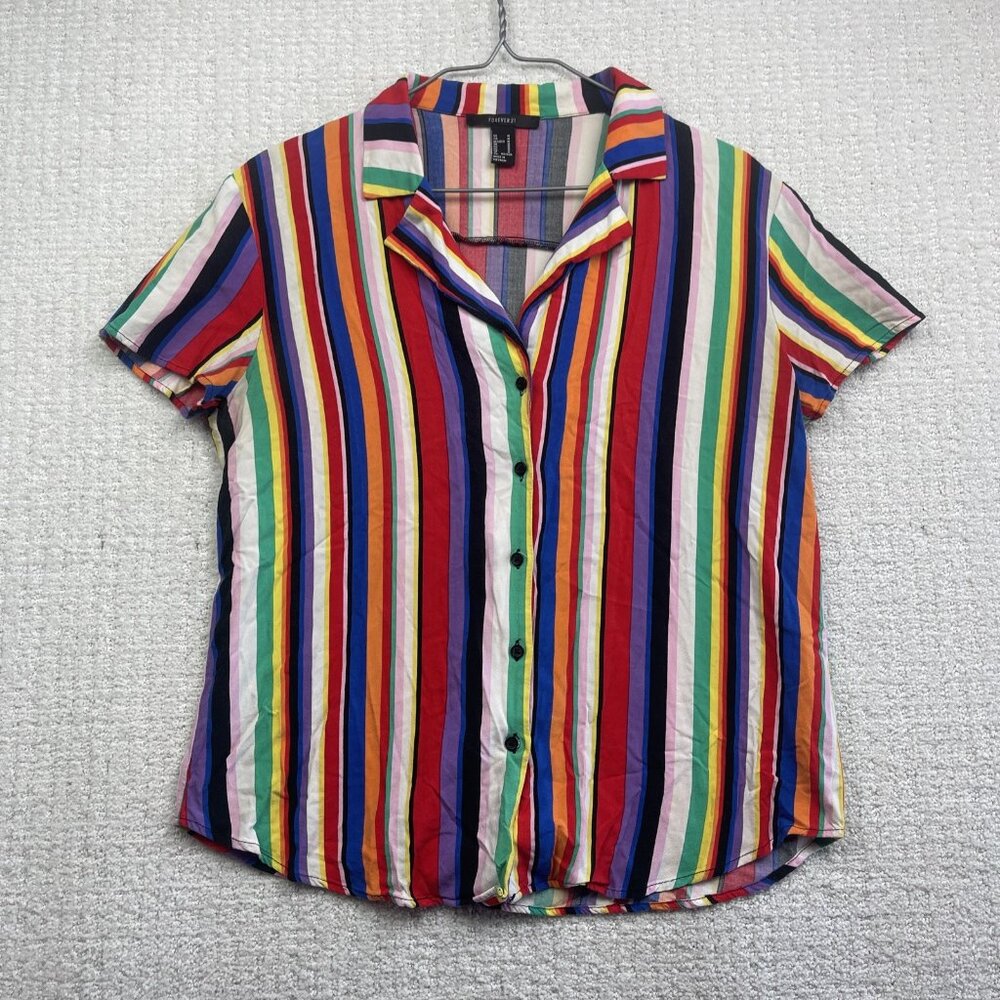 Forever 21 Women Tops M Rainbow Pride Strip Short Sleeve Button up Shirt